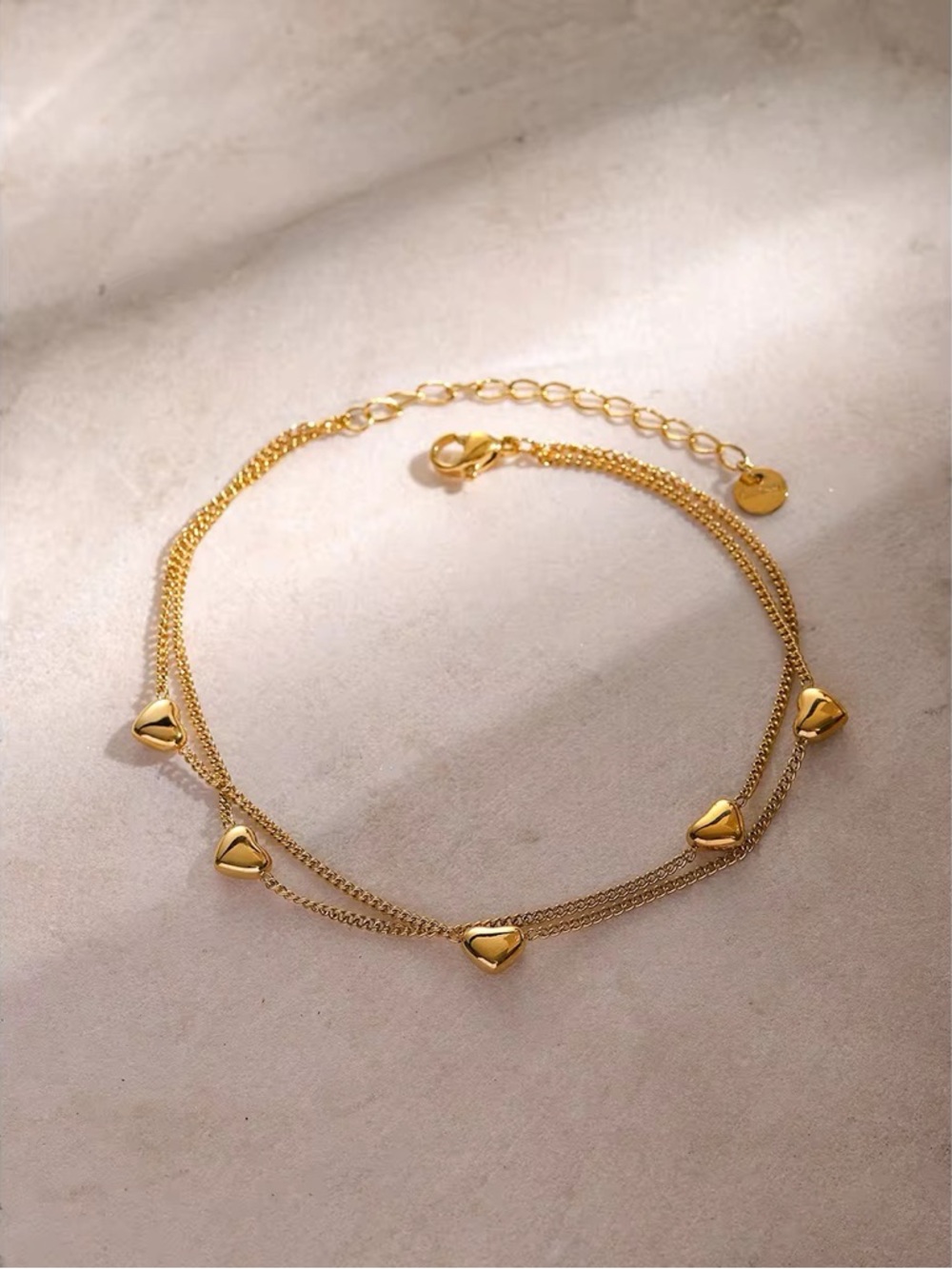 18K Gold Plated Double Layer Heart Charm Anklet - Picture 4 of 7